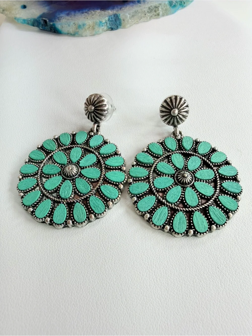 Teal Floral Medallion Drop Earrings - Women Jewelry